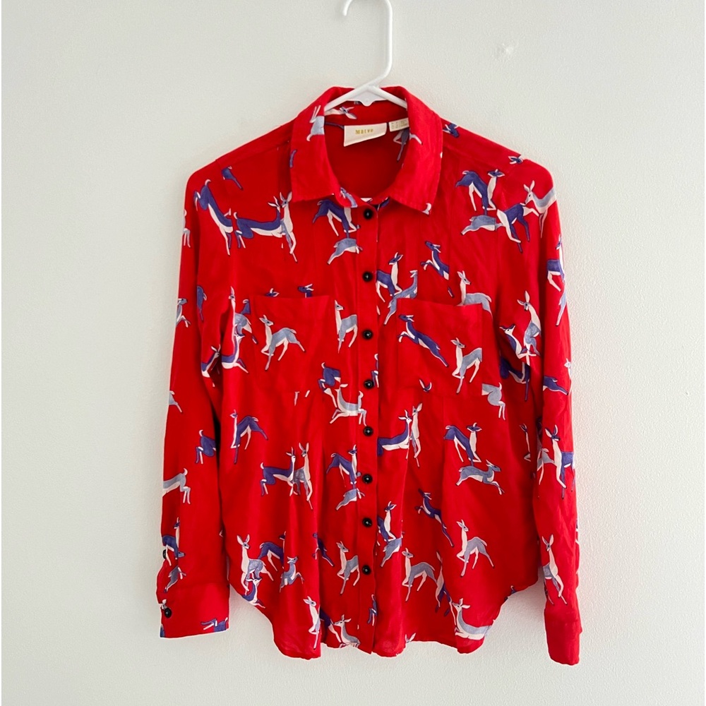 Anthropologie x Maeve Red Blue Deer Print Long Sleeve Button Down 2